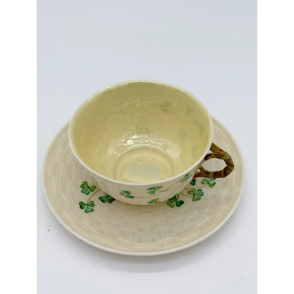 Belleek Irish Porcelain Shamrock Teacup & Saucer 5th Green Mark 1955–1965